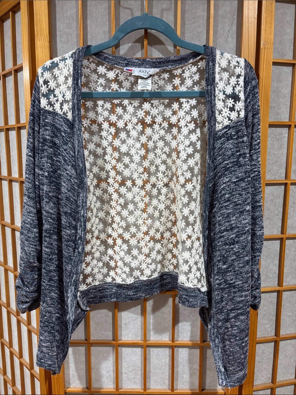 Jody Open-Front Heather Navy Cardigan with Cream Lace Back